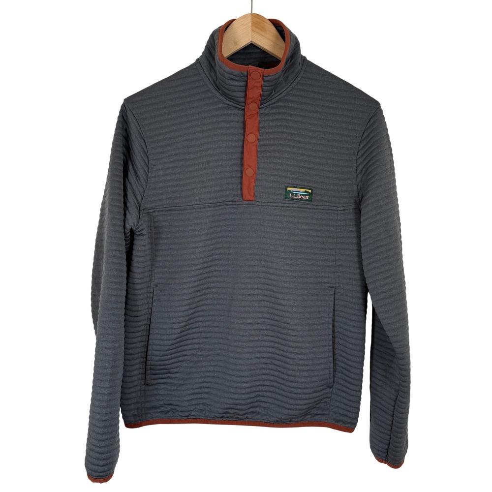 LL Bean Mens Airlight Ribbed Pullover Gray Orange Snap Neck Fleece Small